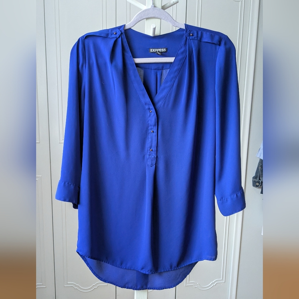 Express Blue 3/4 Sleeve Relaxed Mandarin Collar Blouse